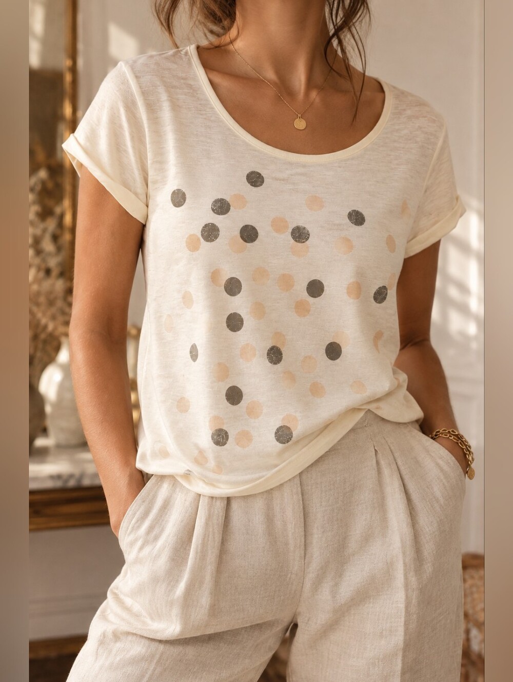 Des Petits Hauts Ivory Polka Dot Graphic Tee – Size Medium